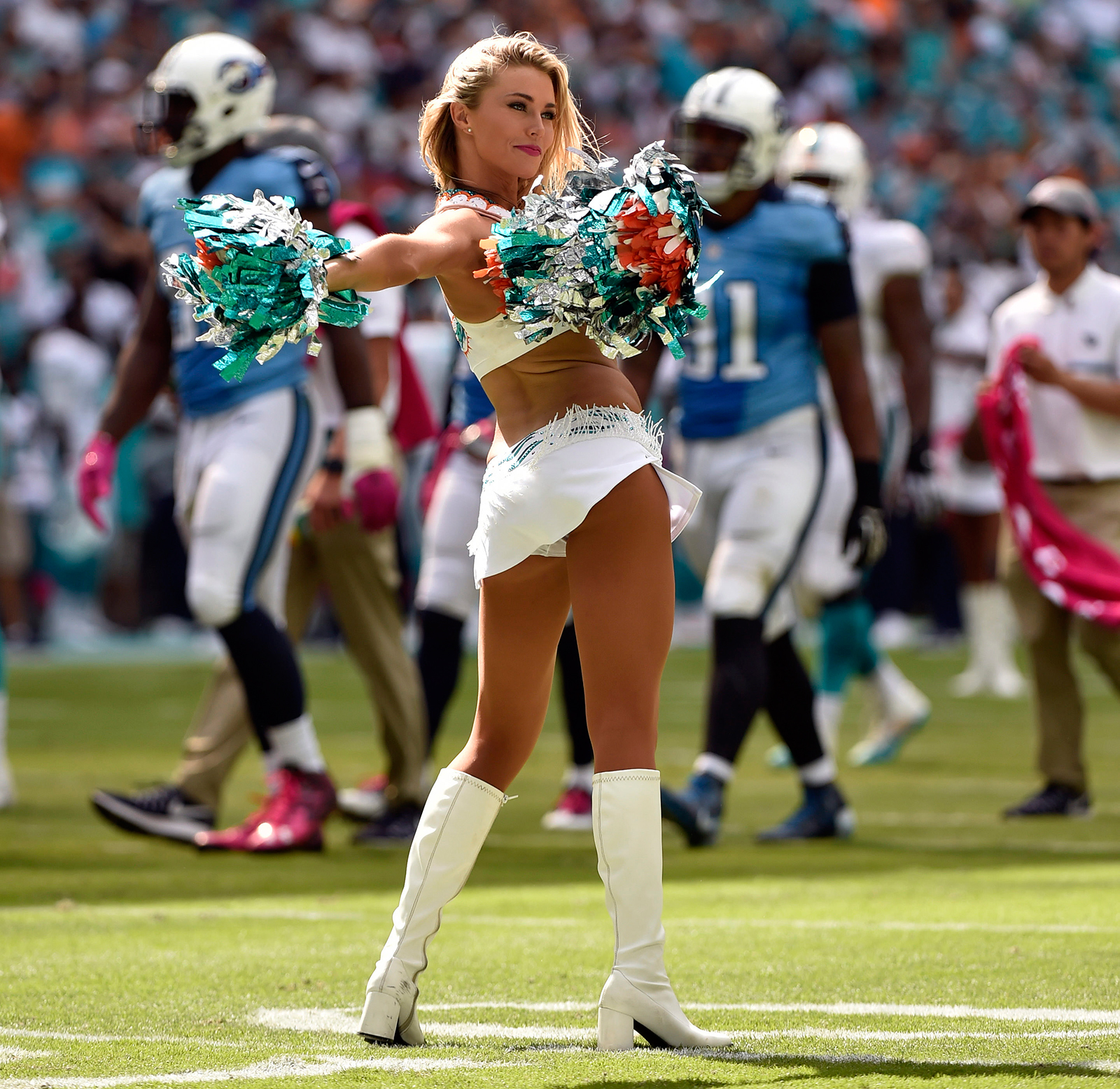 Oct 9, 2016; Miami Gardens, FL, USA; Miami Dolphins cheerleader performs during the second half against the Tennessee Titans at Hard Rock Stadium. Titans won 30-17. Mandatory Credit: Steve Mitchell-USA TODAY Sports