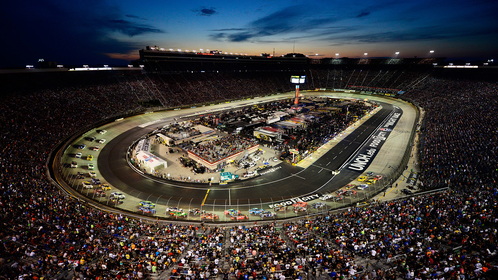 BRISTOL, TN - AUGUST 22: A general view of the speedway as cars race during the NASCAR Sprint Cup Series IRWIN Tools Night Race at Bristol Motor Speedway on August 22, 2015 in Bristol, Tennessee.  (Photo by Jeff Curry/NASCAR via Getty Images)