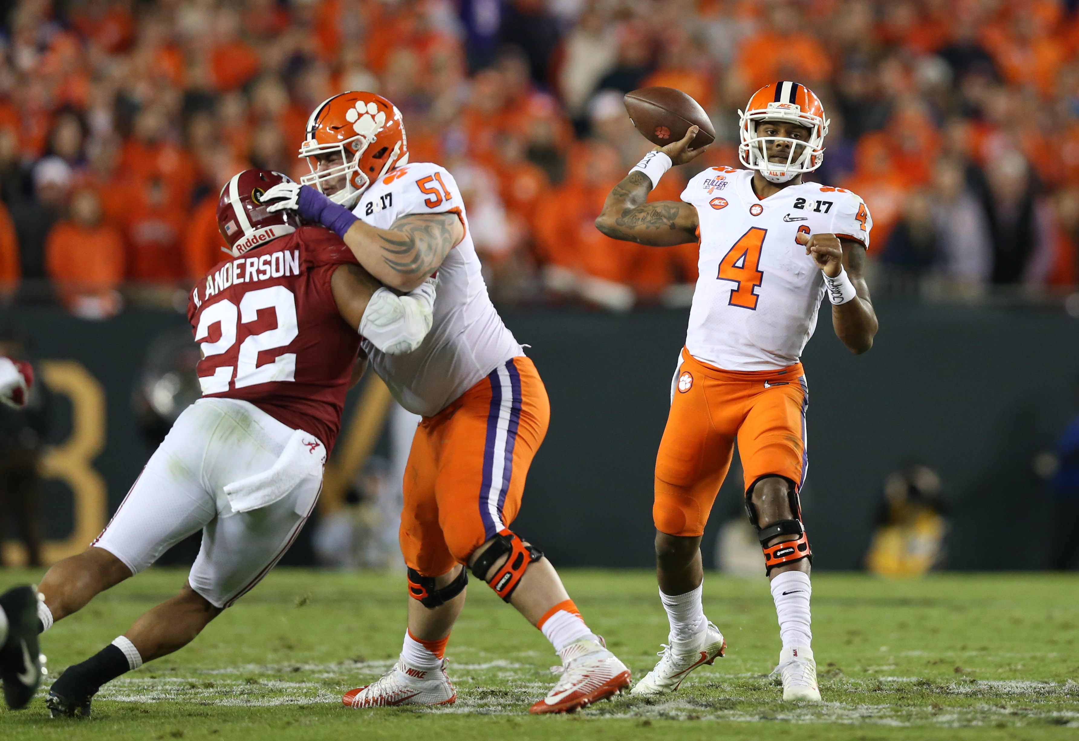 Jan 9, 2017; Tampa, FL, USA; Clemson Tigers quarterback Deshaun Watson (4) throws in the pocket against the Alabama Crimson Tide in the 2017 College Football Playoff National Championship Game at Raymond James Stadium. Mandatory Credit: Matthew Emmons-USA TODAY Sports