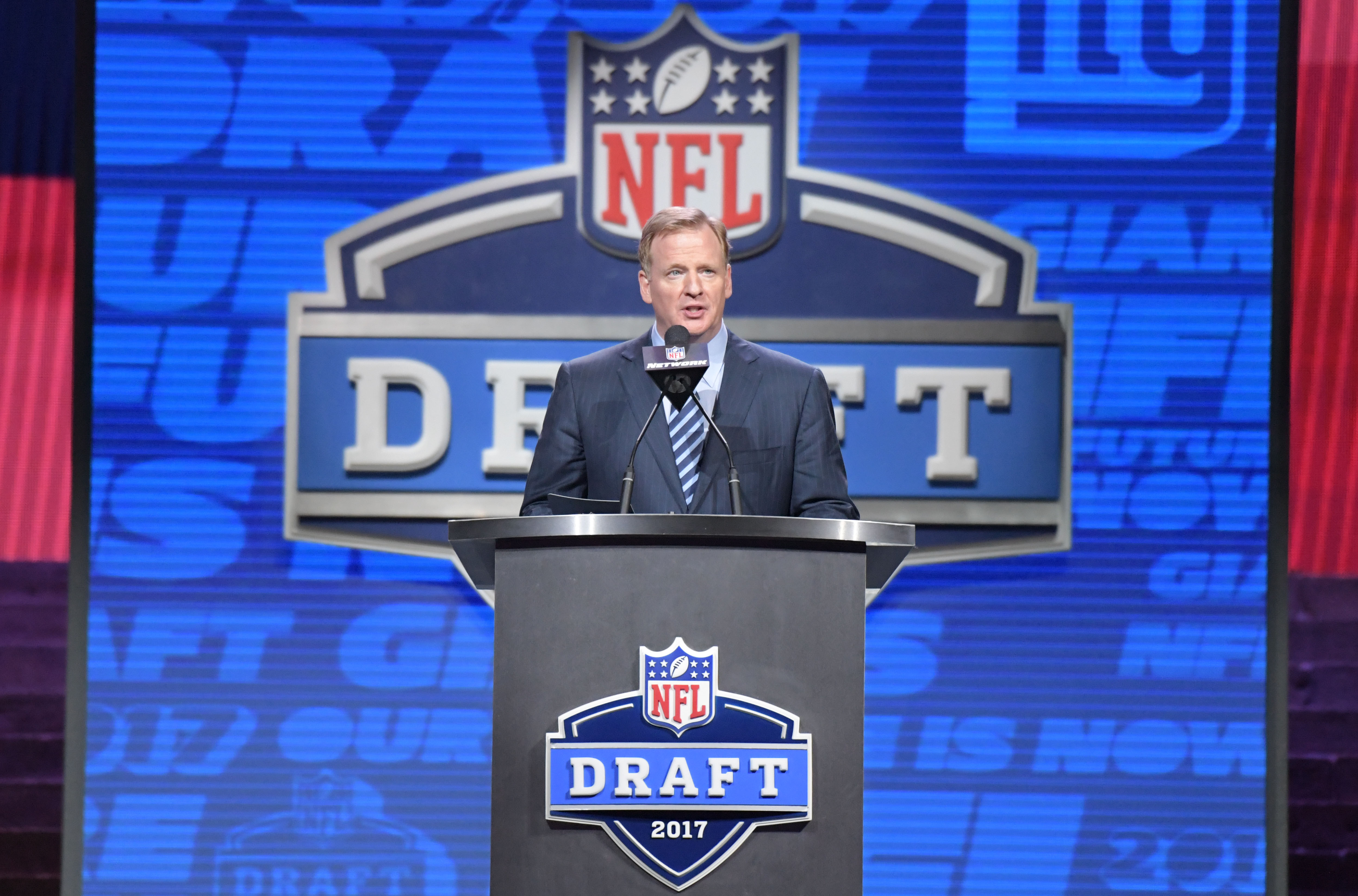 Apr 27, 2017; Philadelphia, PA, USA; NFL commissioner Roger Goodell during the first round the 2017 NFL Draft at the Philadelphia Museum of Art. Mandatory Credit: Kirby Lee-USA TODAY Sports
