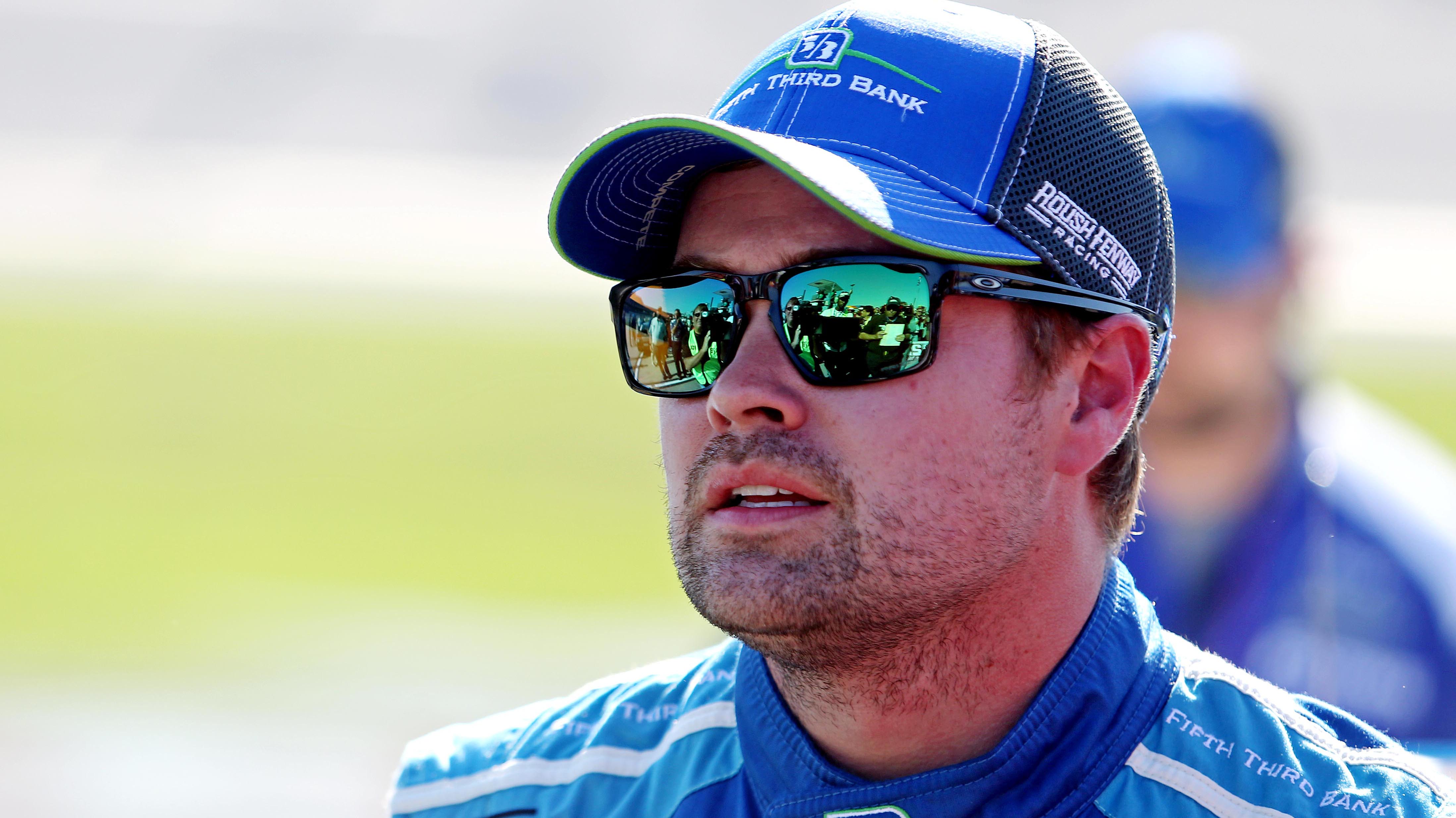 May 6, 2017; Talladega, AL, USA; NASCAR Cup Series driver Ricky Stenhouse Jr. (17) after winning the pole during qualifying for the GEICO 500 at Talladega Superspeedway. Mandatory Credit: Peter Casey-USA TODAY Sports