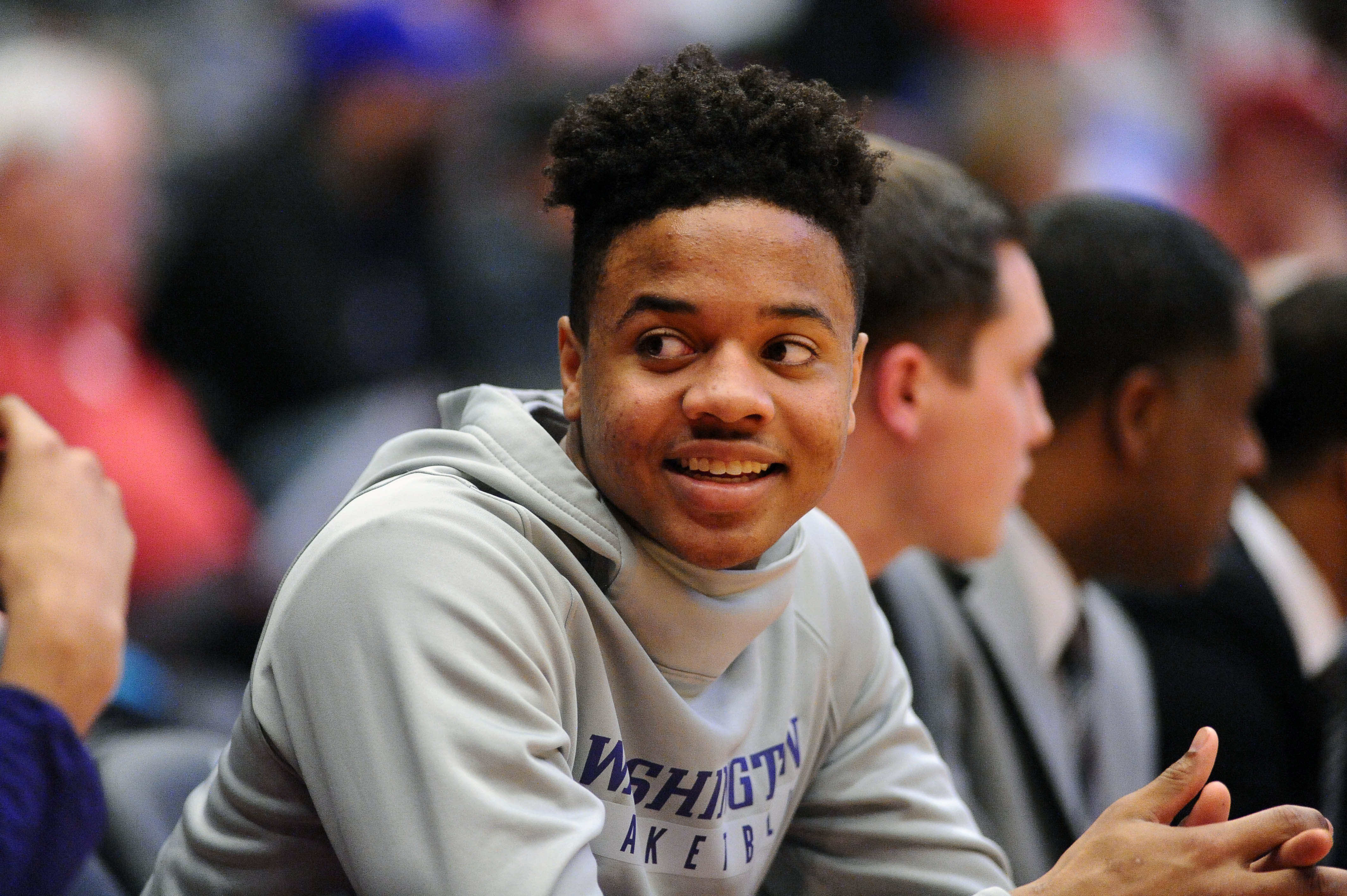 Feb 26, 2017; Pullman, WA, USA; Washington Huskies guard Markelle Fultz (20) looks on form the bench during a game against the Washington State Cougars during the second half at Friel Court at Beasley Coliseum. The Cougars won 79-71. Mandatory Credit: James Snook-USA TODAY Sports