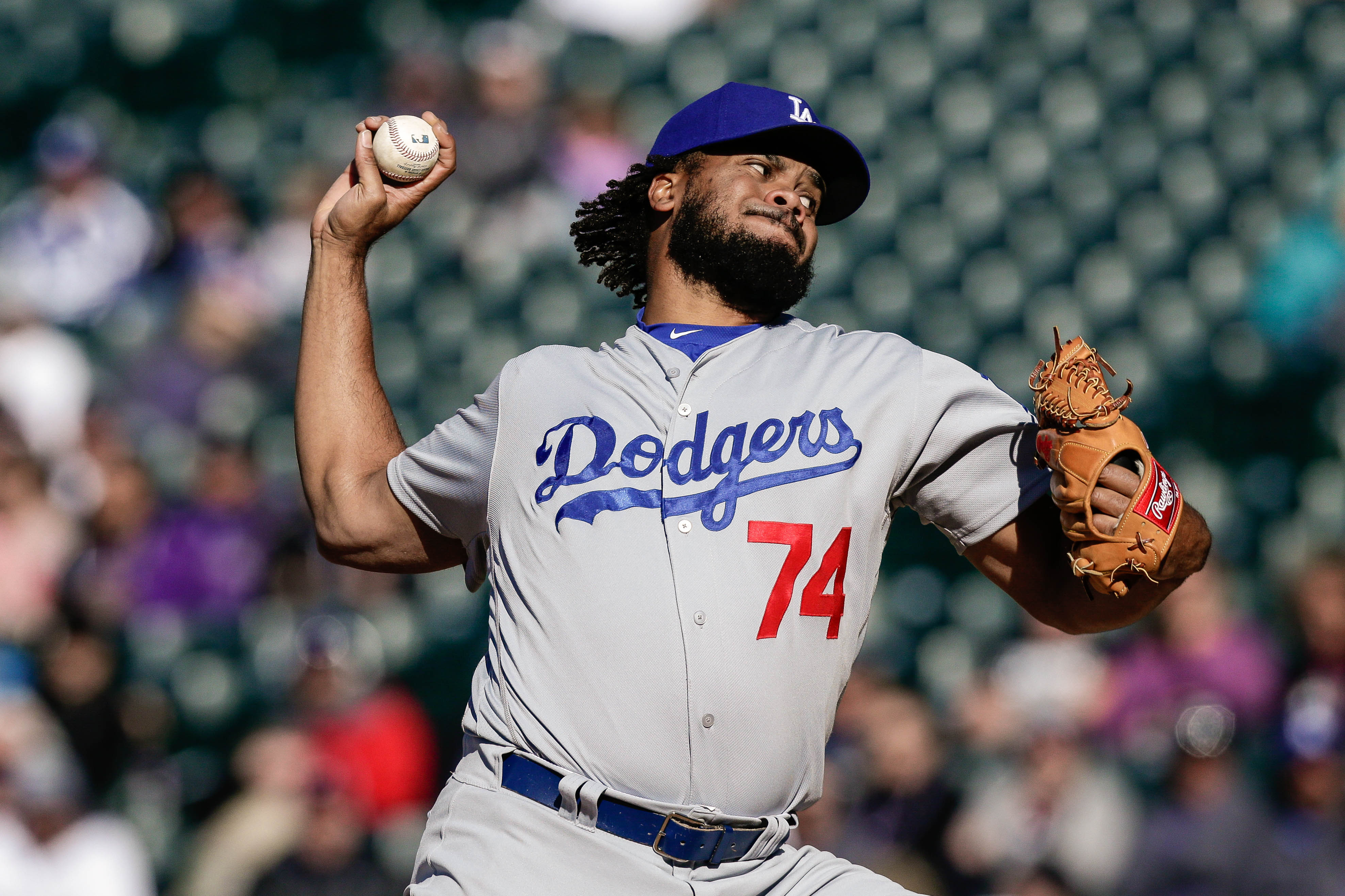 Apr 9, 2017; Denver, CO, USA; Los Angeles Dodgers relief pitcher Kenley Jansen (74) delivers a pitch in the ninth inning against the Colorado Rockies at Coors Field. Mandatory Credit: Isaiah J. Downing-USA TODAY Sports