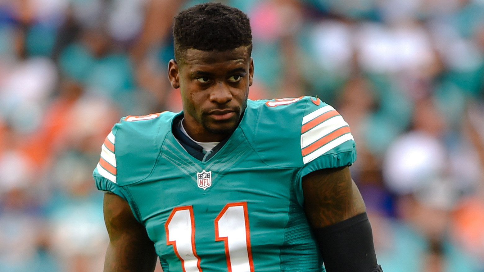 Oct 23, 2016; Miami Gardens, FL, USA; Miami Dolphins wide receiver DeVante Parker (11) looks on during the first half against the Buffalo Bills at Hard Rock Stadium. Mandatory Credit: Steve Mitchell-USA TODAY Sports