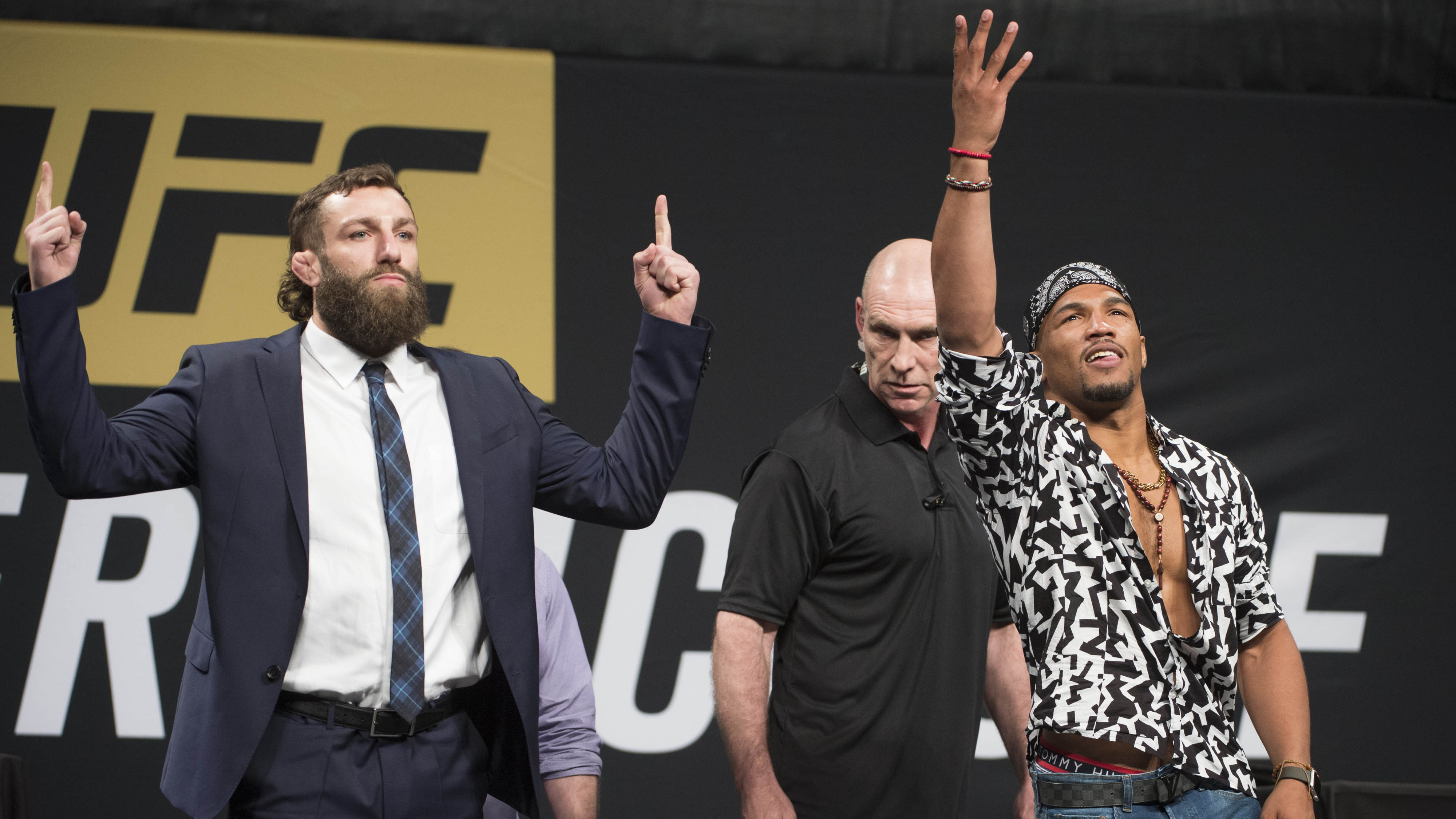 DALLAS, TX - MAY 12: Michael Chiesa faces off with Kevin Lee during the UFC Summer Kickoff Press Conference at the American Airlines Center on May 12, 2017 in Dallas, Texas. (Photo by Cooper Neill/Zuffa LLC/Zuffa LLC via Getty Images)