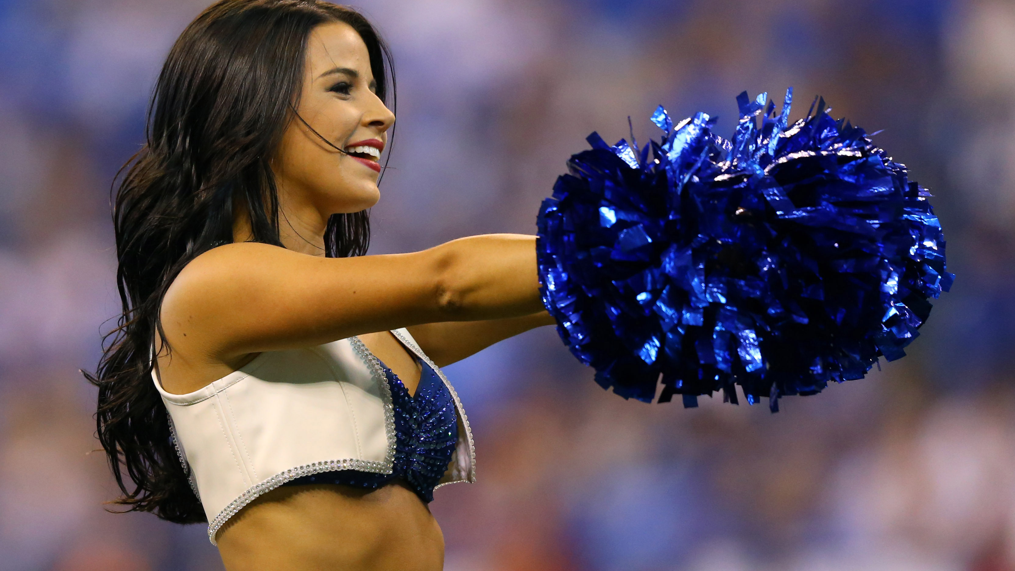 Sep 17, 2017; Indianapolis, IN, USA; An Indianapolis Colts cheerleaders perform during the game against the Arizona Cardinals at Lucas Oil Stadium. Mandatory Credit: Aaron Doster-USA TODAY Sports