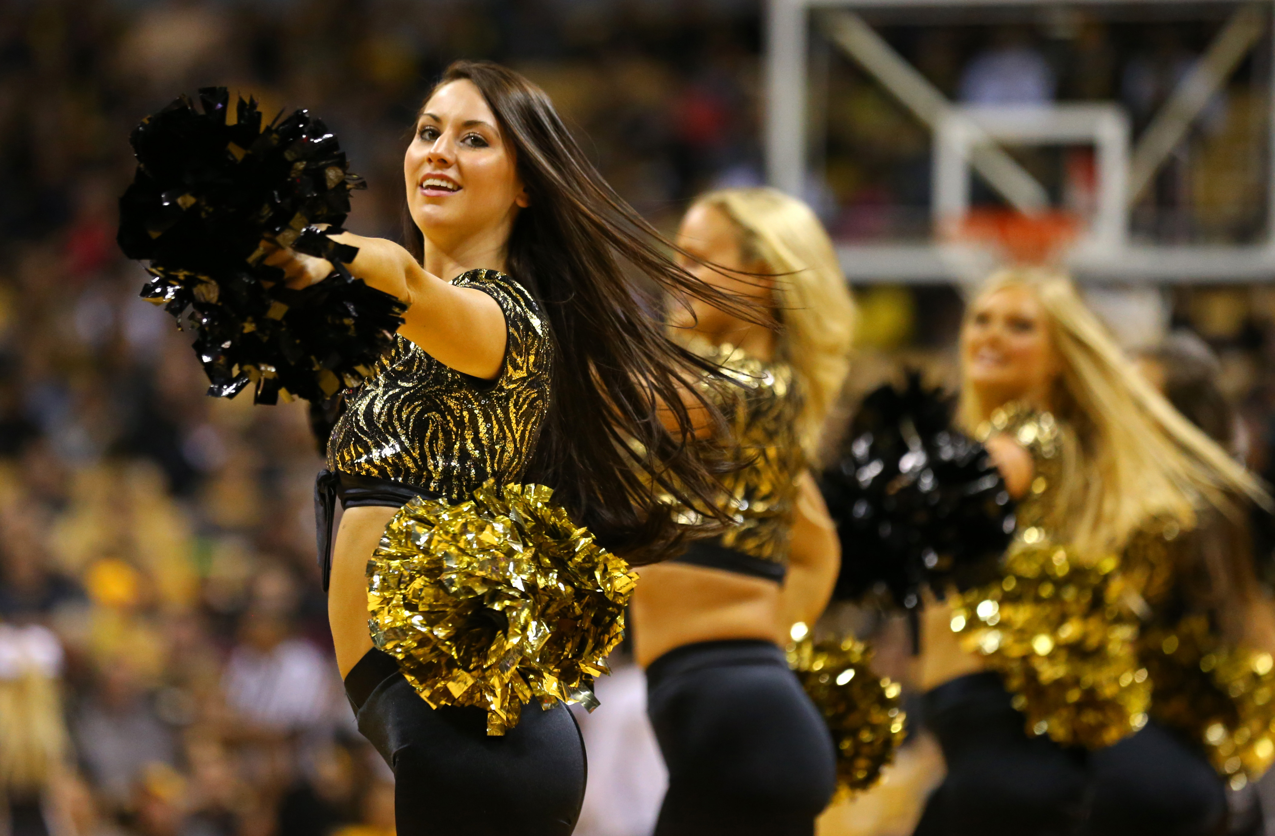 Nov 13, 2017; Columbia, MO, USA; Missouri Tigers cheerleaders perform in the first half of the game against the Wagner Seahawks at Mizzou Arena. Mandatory Credit: Jay Biggerstaff-USA TODAY Sports